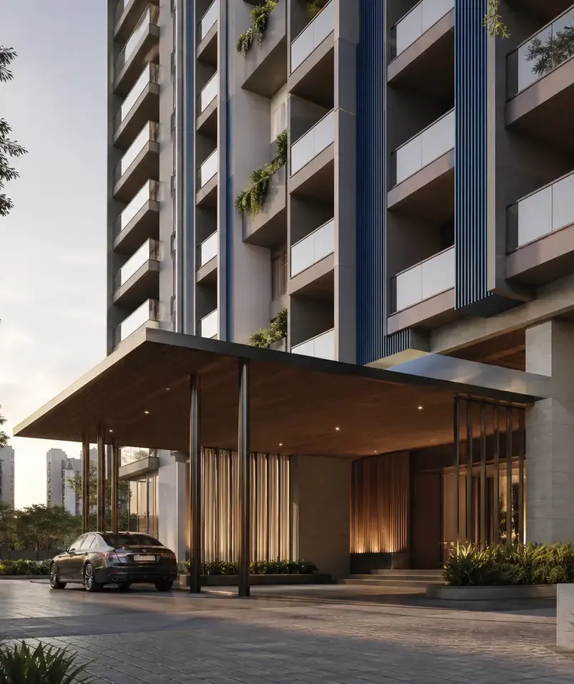 A tower entrance with a canopy porch and planted forecourt