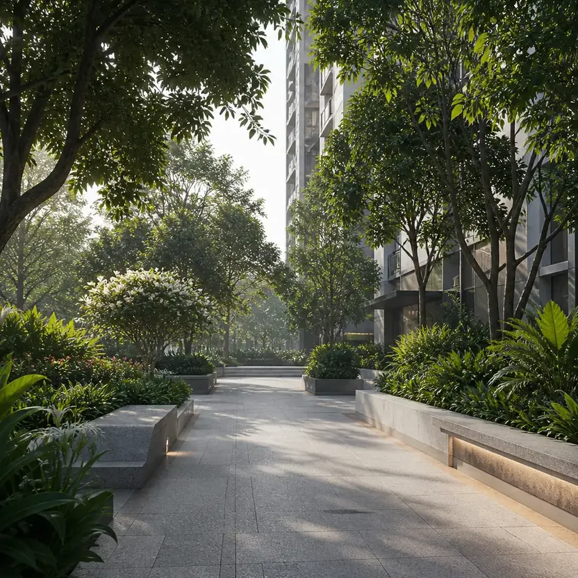 A landscaped arrival drive under a tree canopy between the towers