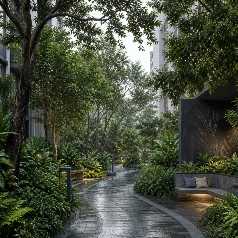 A garden court with a winding path and lush planting