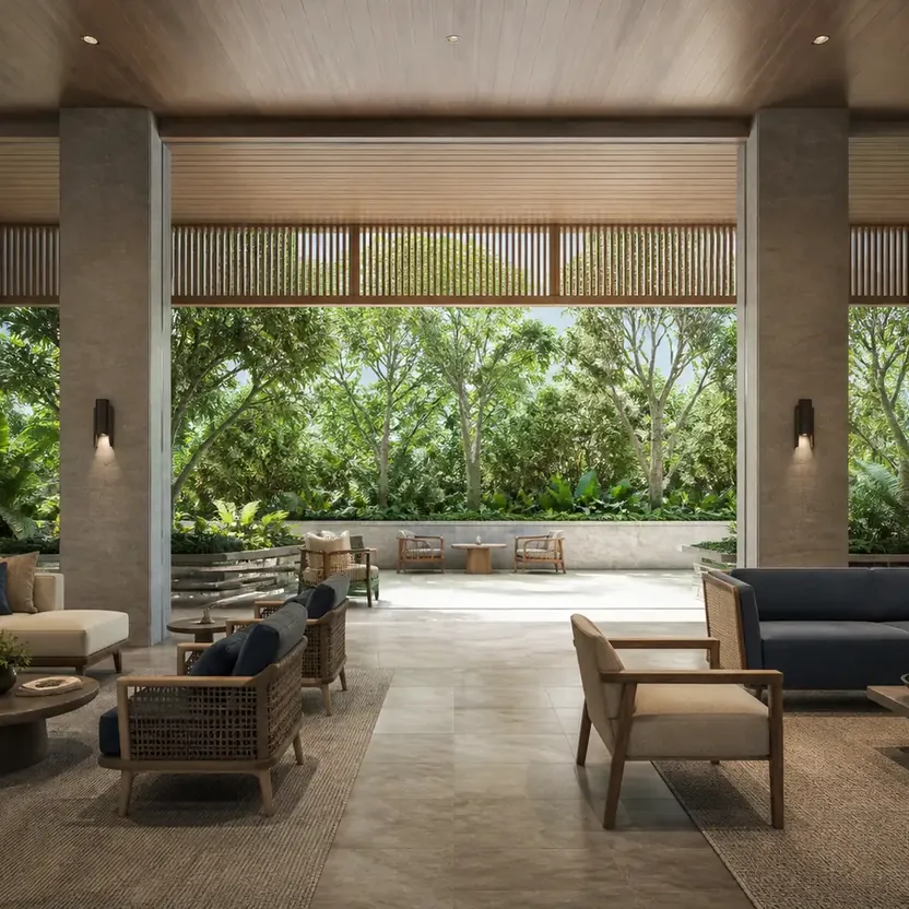 A garden lounge with seating open to the landscape