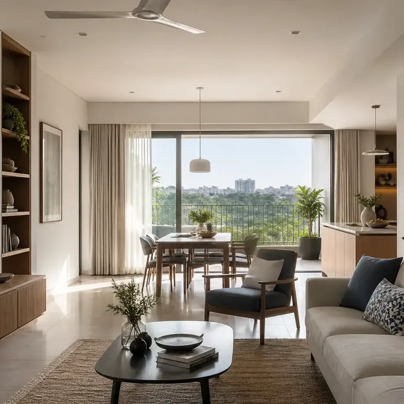 An apartment living and dining room with a view of the greenery
