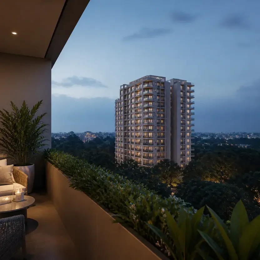 A balcony with seating and planters at evening