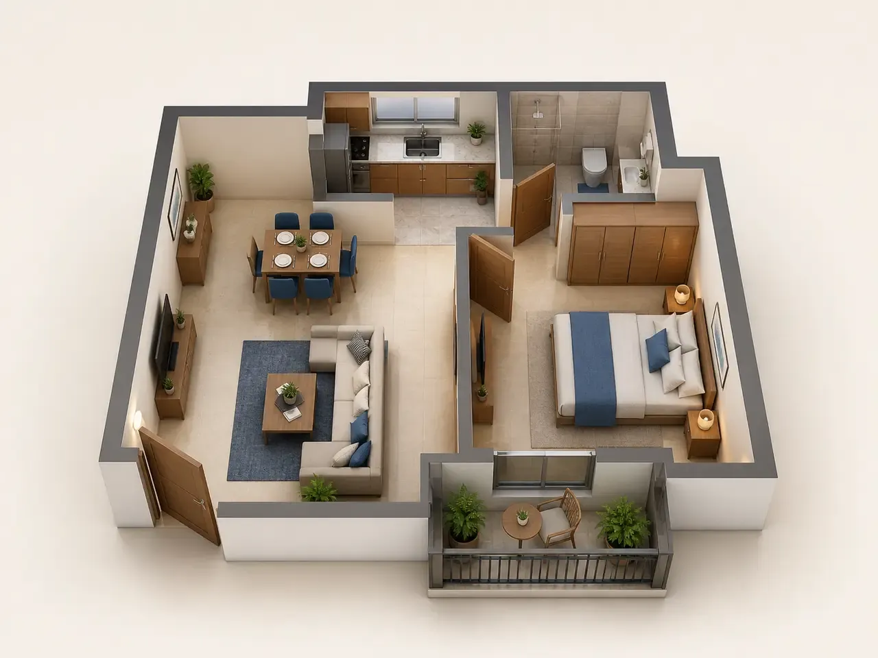 1 BHK, illustrative 3D layout with a bedroom, a living and dining room, a kitchen and a balcony