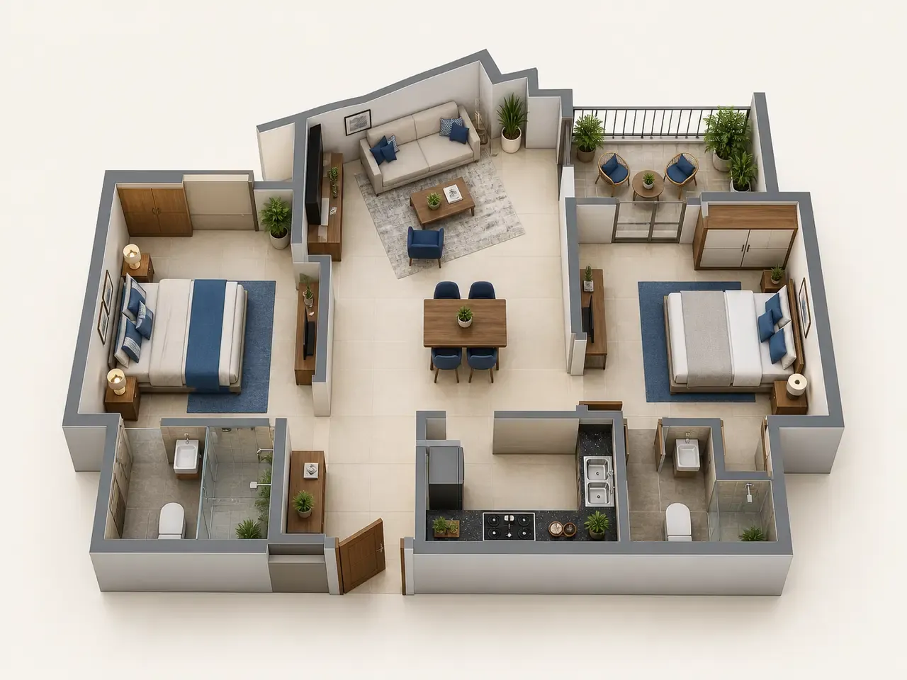 2 BHK, illustrative 3D layout with two bedrooms, two bathrooms, a living and dining room, a kitchen and a balcony