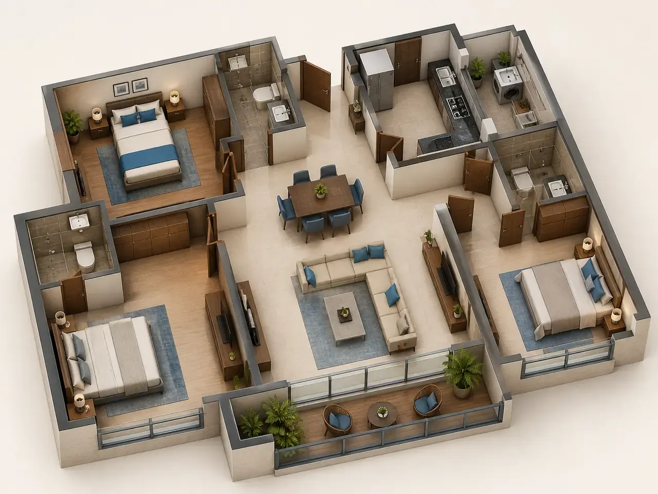 3 BHK, illustrative 3D layout with three bedrooms, a living and dining room, a kitchen with utility and a long balcony