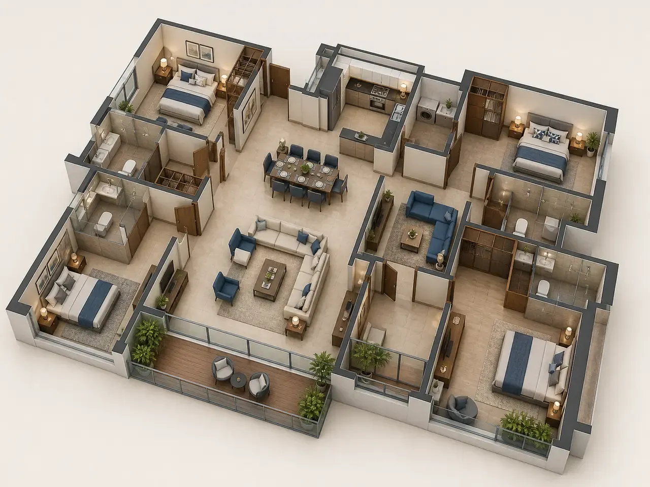 4 BHK, illustrative 3D layout with four bedrooms, a living and dining room, a family lounge, a kitchen with utility and balconies